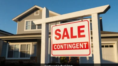 Contingent in real estate sign displayed in front of suburban home for sale showing accepted offer with conditions