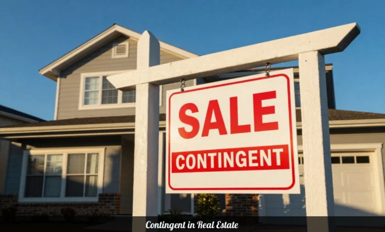 Contingent in real estate sign displayed in front of suburban home for sale showing accepted offer with conditions