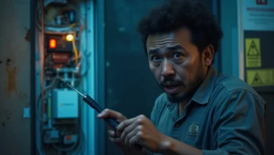 Homeowner attempting DIY AC repair showing electrical hazards and safety risks of fixing air conditioner without professional help