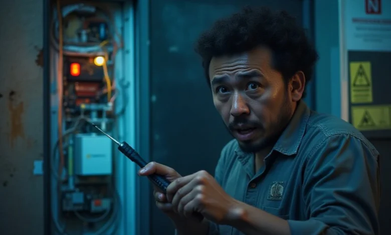 Homeowner attempting DIY AC repair showing electrical hazards and safety risks of fixing air conditioner without professional help