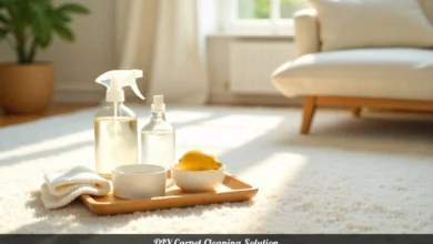 Natural ingredients for a homemade DIY carpet cleaning solution on a wooden tray.