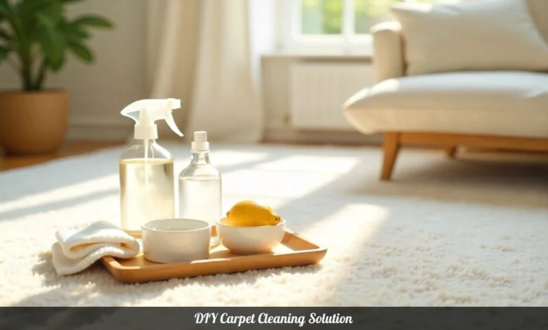 Natural ingredients for a homemade DIY carpet cleaning solution on a wooden tray.