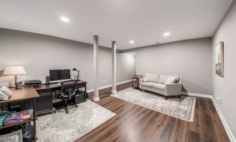 Finished basement ideas showing multi-functional space with home office, lounge area, natural light, neutral walls, and luxury vinyl flooring
