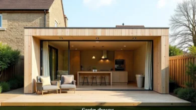 Modern garden annexes in UK backyard with glass doors and self-contained living space