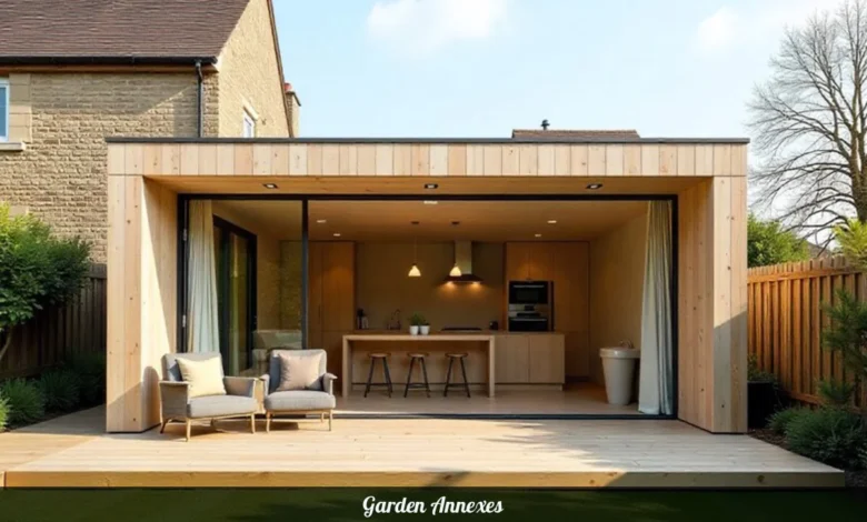 Modern garden annexes in UK backyard with glass doors and self-contained living space