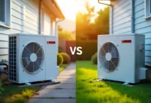Heat Pump vs Air Conditioner outdoor units side by side comparison showing dual heating and cooling system versus cooling only unit