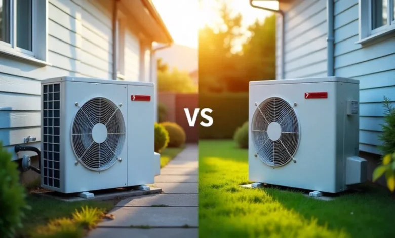 Heat Pump vs Air Conditioner outdoor units side by side comparison showing dual heating and cooling system versus cooling only unit