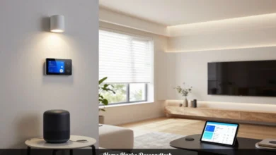 Modern living room featuring Home Hacks Decoradtech smart lighting system thermostat and wireless devices integrated with stylish interior design