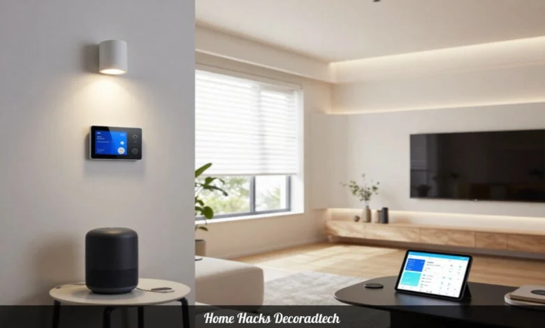 Modern living room featuring Home Hacks Decoradtech smart lighting system thermostat and wireless devices integrated with stylish interior design