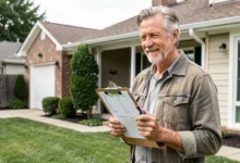 Homeowner reviewing home maintenance checklist with tools in front of well-maintained house