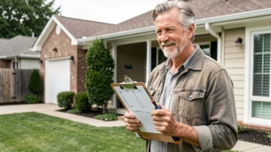 Homeowner reviewing home maintenance checklist with tools in front of well-maintained house
