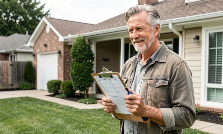 Homeowner reviewing home maintenance checklist with tools in front of well-maintained house