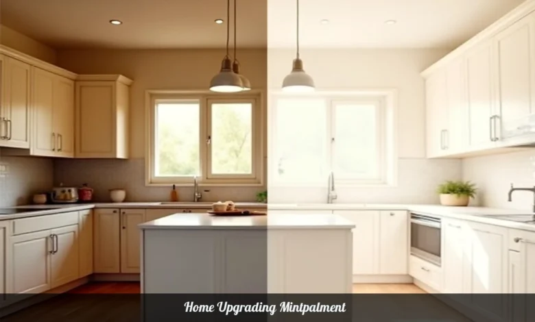 Home Upgrading Mintpalment before and after kitchen renovation showing modern cabinets countertops and lighting improvements