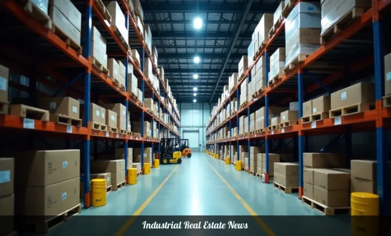 Modern Industrial Real Estate News warehouse showing distribution center with high ceilings and organized inventory racks