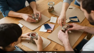 Family doing Inventive LWMFcrafts projects with recycled materials on home table