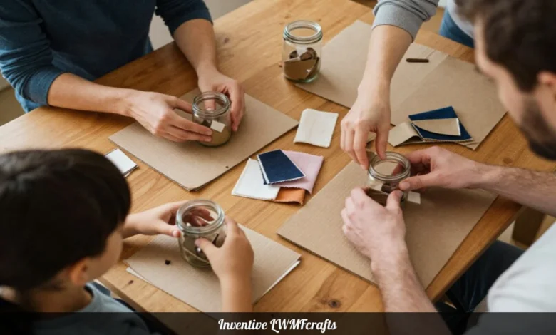 Family doing Inventive LWMFcrafts projects with recycled materials on home table