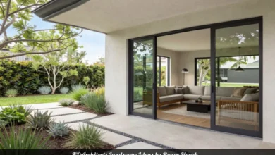 Roger Morph landscape designs showing modern outdoor patio with native plants stone pathways and functional living areas