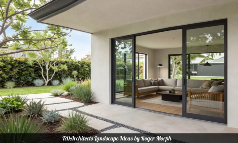 Roger Morph landscape designs showing modern outdoor patio with native plants stone pathways and functional living areas