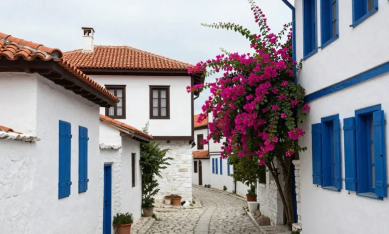 Koutouloufari village in Crete with traditional stone houses, cobblestone streets, and vine-covered terraces overlooking the Mediterranean