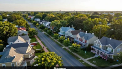 Neatlanta aerial view showing Virginia Highland neighborhood with tree-lined streets, historic bungalows, and BeltLine trail in Northeast Atlanta