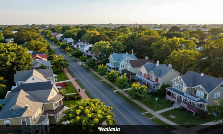 Neatlanta aerial view showing Virginia Highland neighborhood with tree-lined streets, historic bungalows, and BeltLine trail in Northeast Atlanta