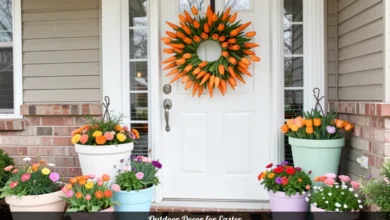 Outdoor decor for Easter featuring carrot tulip wreath on front door with pastel planters and garden stakes in spring yard