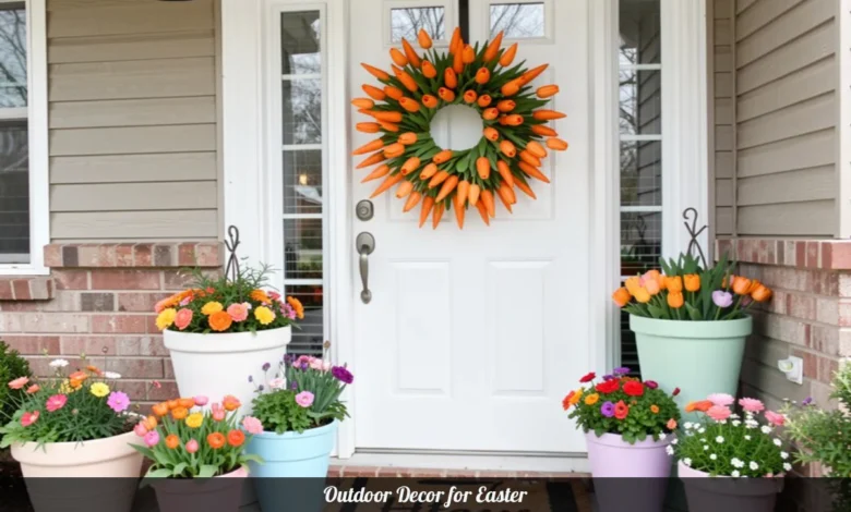 Outdoor decor for Easter featuring carrot tulip wreath on front door with pastel planters and garden stakes in spring yard