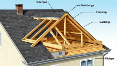Detailed diagram showing all parts of a roof including shingles, underlayment, flashing, gutters, fascia, soffit, and ventilation system