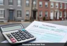 Philadelphia real estate taxes calculation guide showing row houses with property tax documents and assessment forms for homeowners