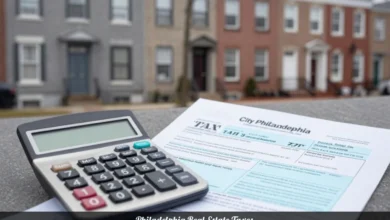 Philadelphia real estate taxes calculation guide showing row houses with property tax documents and assessment forms for homeowners