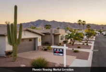 Phoenix housing market correction showing suburban homes with for sale sign and desert landscape