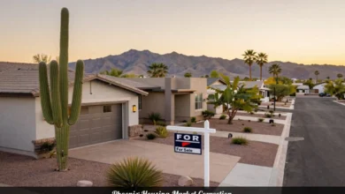 Phoenix housing market correction showing suburban homes with for sale sign and desert landscape