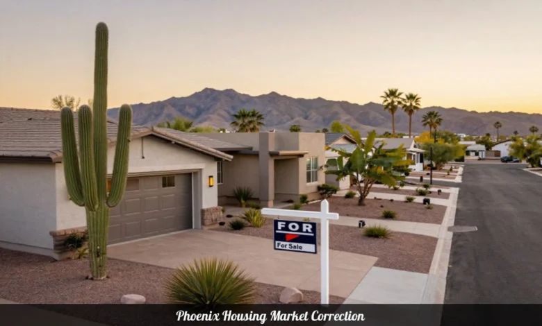 Phoenix housing market correction showing suburban homes with for sale sign and desert landscape