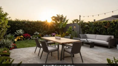 Robert MyGardenAndPatio outdoor patio with comfortable furniture and lush garden plants