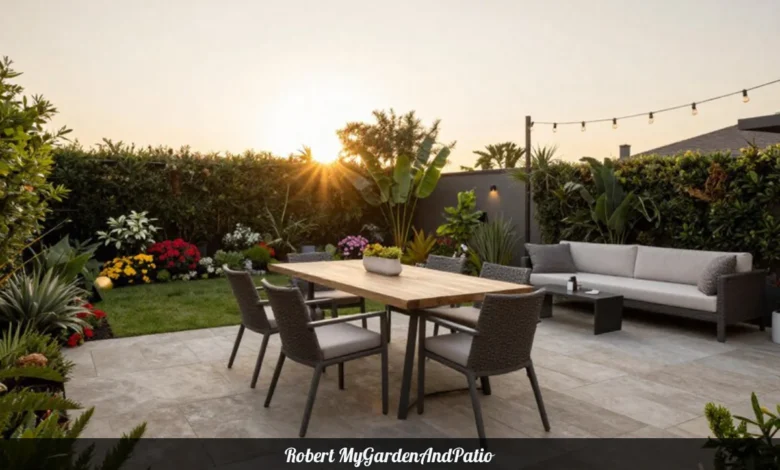 Robert MyGardenAndPatio outdoor patio with comfortable furniture and lush garden plants