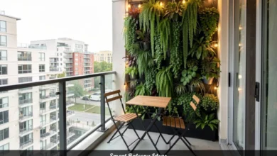Smart Balcony Ideas featuring vertical garden, folding furniture, and string lights in small outdoor space