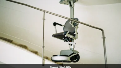 Smart stairlifts with AI sensors and remote control on curved home stairs for safe elderly mobility