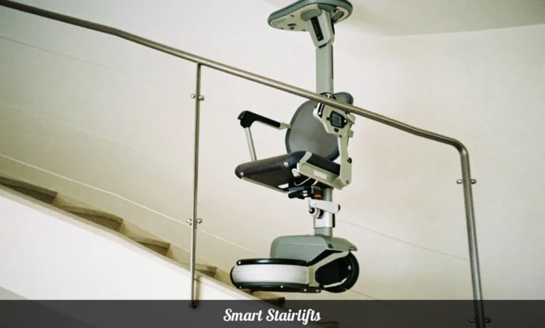 Smart stairlifts with AI sensors and remote control on curved home stairs for safe elderly mobility