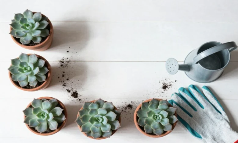 Succulent care essentials with healthy succulents in terracotta pots, watering can, and gardening tools on white background