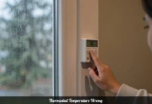 A person in a sweater finds their home cold despite the thermostat showing a normal temperature, a common sign the thermostat temperature is wrong.