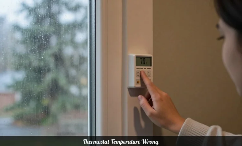A person in a sweater finds their home cold despite the thermostat showing a normal temperature, a common sign the thermostat temperature is wrong.