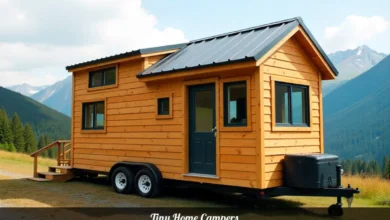 Tiny home camper with wood siding and metal roof parked outdoors