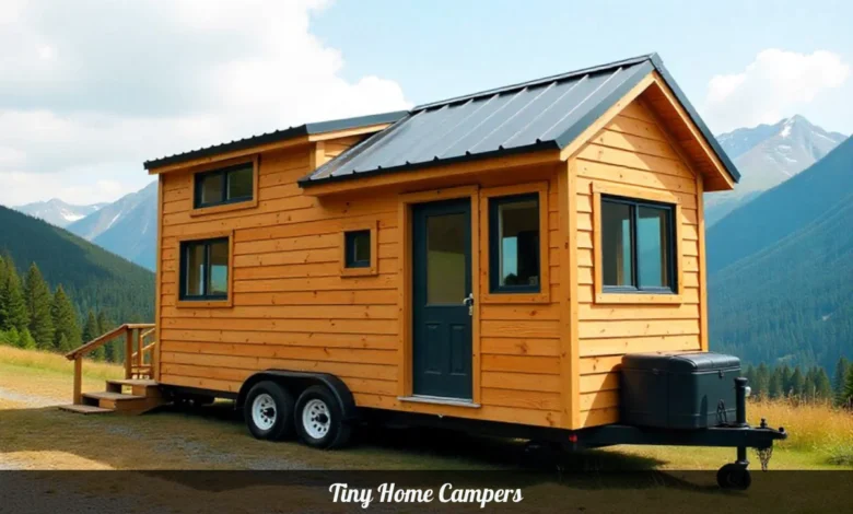 Tiny home camper with wood siding and metal roof parked outdoors