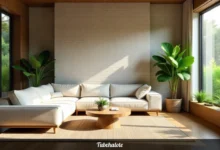 Tubehalote home decor living room with natural materials, curved shapes, and indoor plants