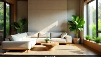 Tubehalote home decor living room with natural materials, curved shapes, and indoor plants