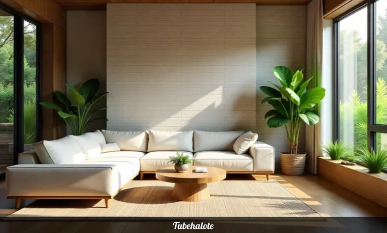 Tubehalote home decor living room with natural materials, curved shapes, and indoor plants
