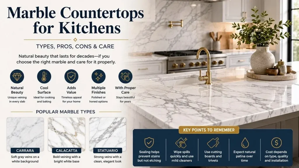 Marble countertops for kitchens showing Carrara, Calacatta, and Statuario marble with care tips and a modern marble kitchen island.