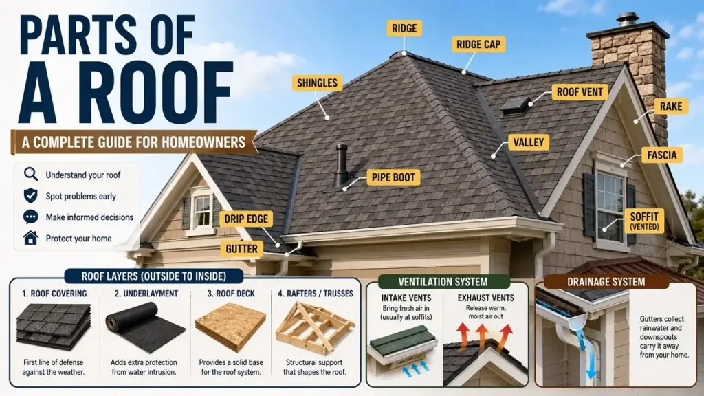 Labeled parts of a roof showing ridge, shingles, valley, rake, fascia, soffit, pipe boot, drip edge, gutters, roof layers, and ventilation.