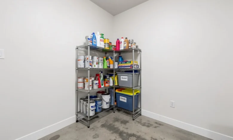 Wire rack basement organization with storage bins and cleaning supplies on concrete floor