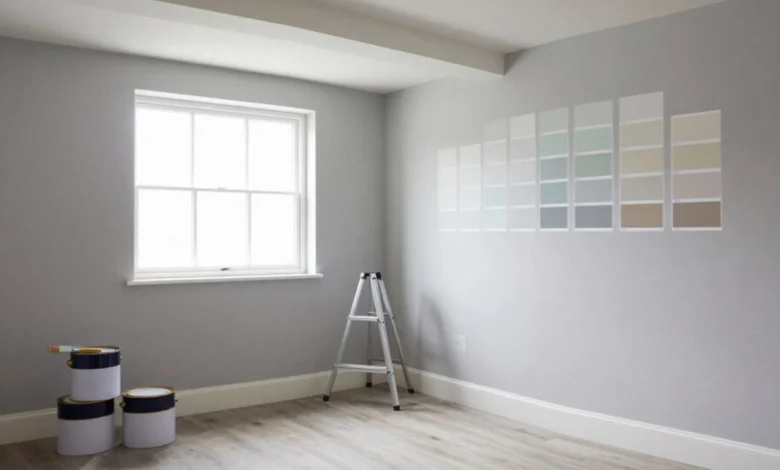 Basement paint colors with designer gray and blue samples on walls in modern finished basement with natural light